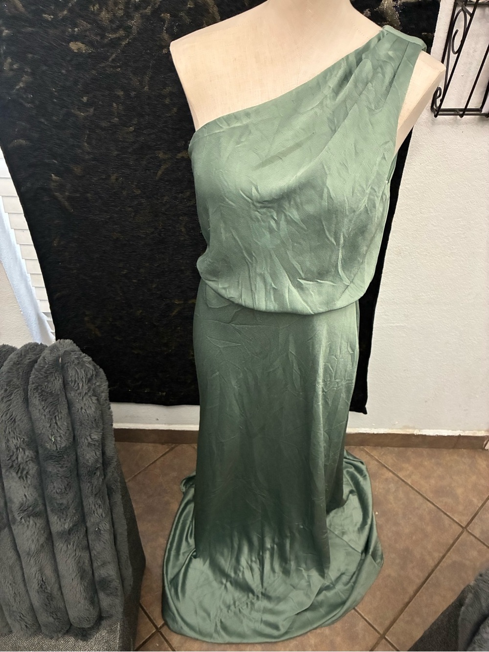 Jenny Yoo One-Shoulder Satin Gown in Sage Green